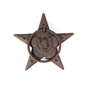 Horse in Horseshoe Cast Iron Barn Star Door Knocker Brown Rustic Metal 9-in NEW
